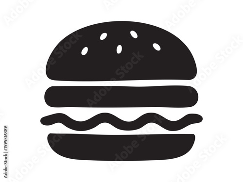 Black silhouette of burger icon, isolated on white background, graphic illustration. concept of fast food, hamburger, snack, culinary design, icon, logo, design element