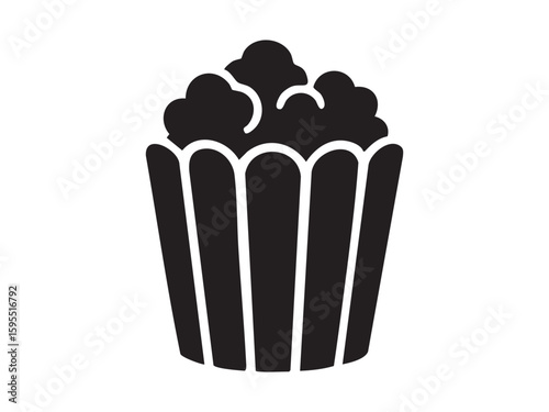 Black silhouette of popcorn container, isolated on white background, graphic illustration. concept of cinema snacks, popcorn icon, fast food, movie night, design element