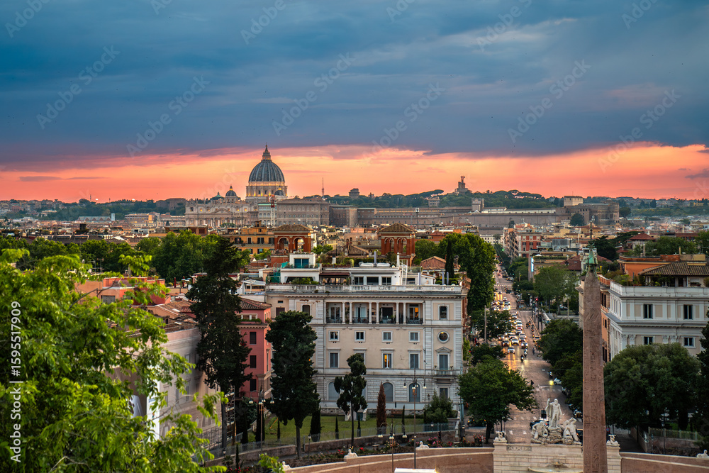 Fototapeta premium Beautiful panorama of Rome. View from Villa Borghese on old city buildings.