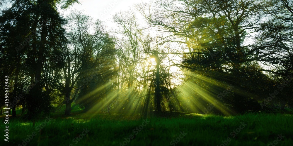 Obraz premium Sunlight shining through trees in a lush forest creating a beautiful landscape scene.