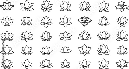 Set of lotus flowers vector icons. Relax, calm and harmony symbol. Black line icons.
