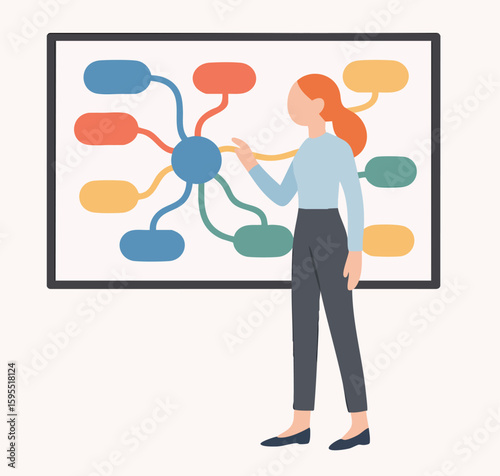 Flat Illustration of Woman Presenting Mind Map on Whiteboard Business Presentation
