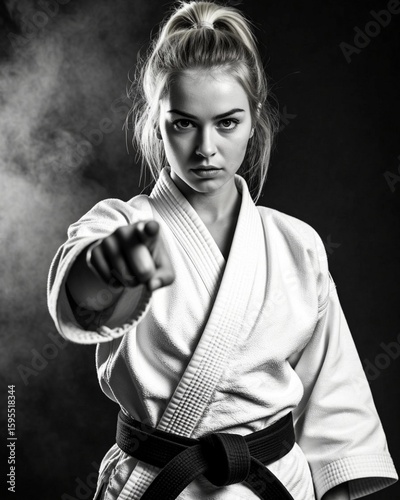 Martial art (judo, karate, kudo) girl in white kimono pointing finger 