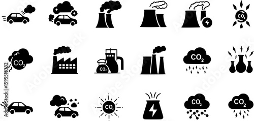 Set of co2 emission vector icons. Cloud with carbon dioxide. Reduce pollution air. Reduction exhaust or smoke.
