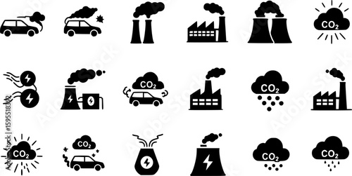 Set of co2 emission vector icons. Cloud with carbon dioxide. Reduce pollution air. Reduction exhaust or smoke.
