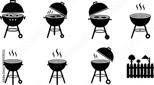 Set of grill vector icons. BBQ with lattice. Barbecue with cover and smoke. Black silhouette BBQ grill. Cook on backyard.
