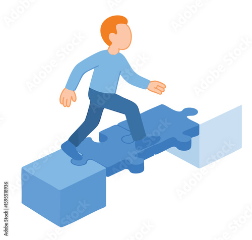 Isometric Man Walking on Puzzle Pieces Bridge, Concept Illustration