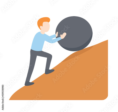 Flat Illustration of Man Pushing a Boulder Up a Hill, Business Concept