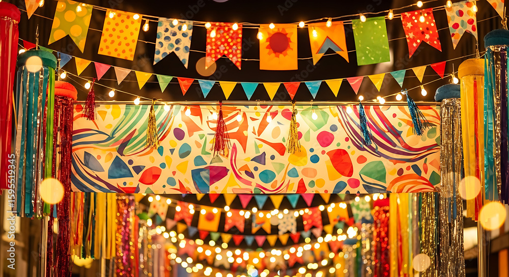 Obraz premium Colorful decorations and lights hanging overhead creating a festive atmosphere in the night time ai genrated