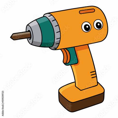 Cartoon battery-powered orange drill with smiling eyes and chuck  