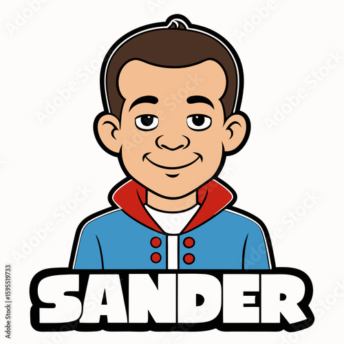 Cartoon boy named Sander smiling with a blue jacket and red collar  