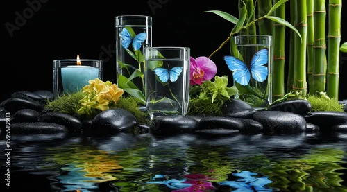 Fototapeta samoprzylepna Un cadre spa serein avec bambous, bougies et pierres noires à la surface de l'eau, de la mousse verte, des papillons bleus et des fleurs exotiques créant une atmosphère de détente et de bien-être.