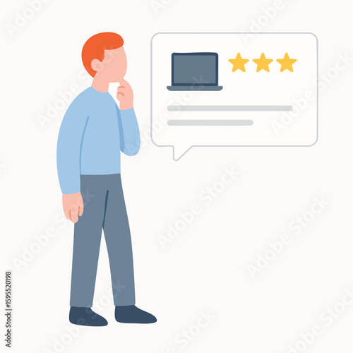 Flat Style Person Thinking about Laptop Review with Star Rating