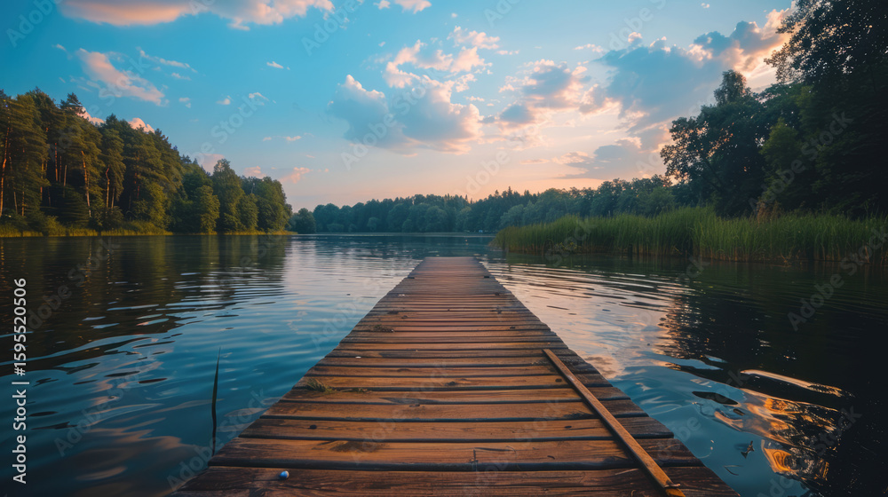 Fototapeta premium A tranquil lake scene with a wooden dock stretching into calm waters under a soft, colorful sky.