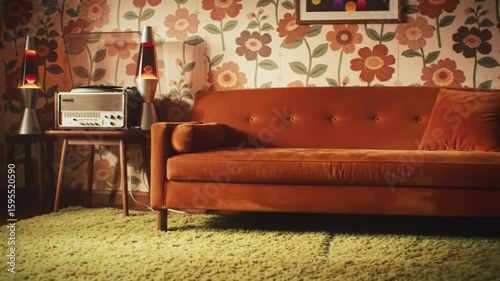 Vintage Living Room with Brown Couch and Retro Floral Wallpaper