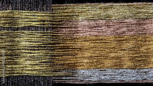 Close-up view of multicolored threads interwoven in a textile design.