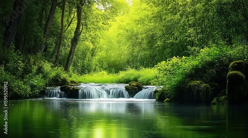 A serene forest scene with a gentle waterfall flowing into a calm, reflective pool surrounded by lush green foliage and trees.