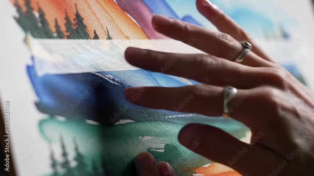 Close up view of watercolor painting masking technique vibrant colors artists hands