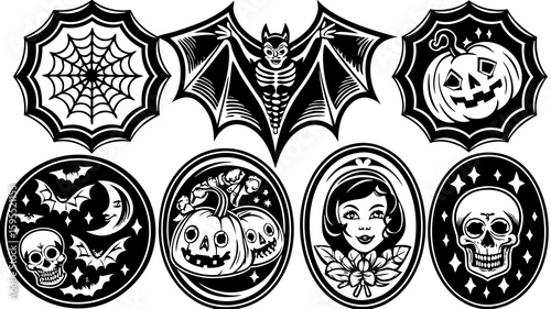 Set of 7 Halloween-themed black and white vector illustrations featuring spooky elements and a vintage portrait