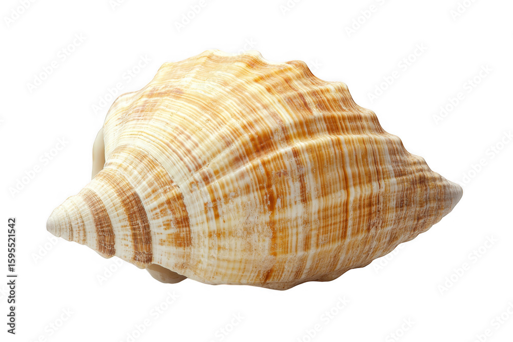 Detailed close up of a large textured spiral seashell with brown and white stripes isolated on transparent background Detailed close up of a large textured spiral seashell with brown and white stripes isolated on transparent background