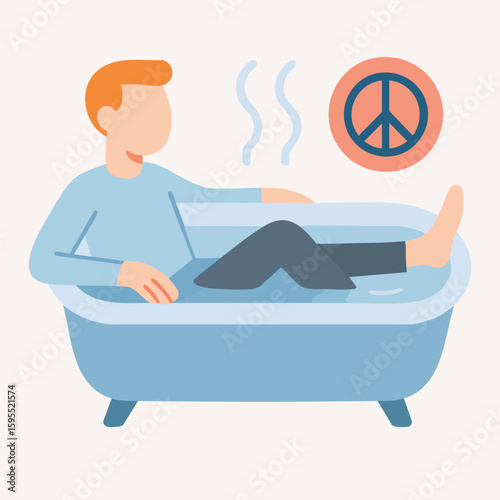 Flat Illustration Person Relaxing in Bathtub with Peace Symbol Sticker