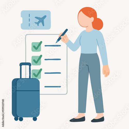 Flat Illustration Woman Planning Travel Trip with Checklist and Ticket