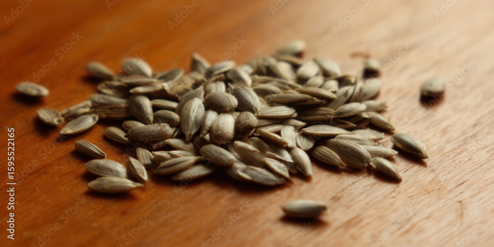 Obraz premium A pile of sunflower seeds resting on a warm, wooden surface, perfect for a healthy snack.