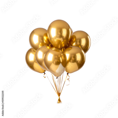 Bunch of golden balloons with shiny metallic reflections on transparent background