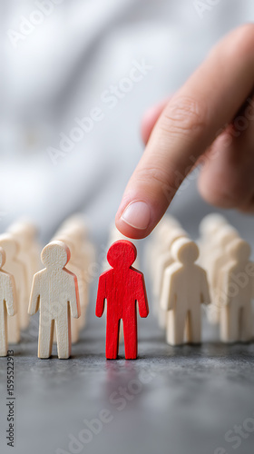 Finger pointing at a red wooden person figure among many beige figures selection leadership