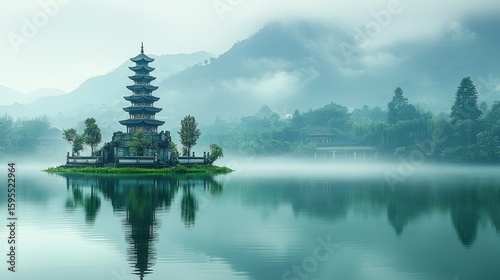 Serene Pagoda on Misty Lake: A Breathtaking Asian Landscape