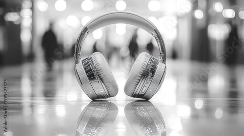 White Headphones on Reflective Floor in Shopping Mall