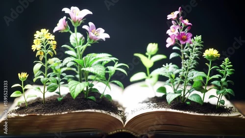 Flowers sprout from an open book page, concept of growth, learning