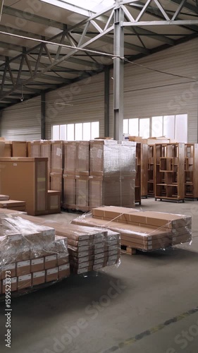 A spacious warehouse interior with stacks of wooden items and furniture parts wrapped in protective plastic film and prepared on pallets for delivery or storage. 