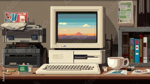 Pixelated retro computer setup