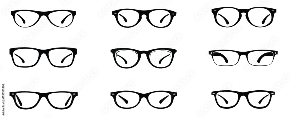 Glasses silhouette. fashion black plastic rims, Sun glasses hipster frame set, round geek design retro nerd glasses. Vector sun glasses set