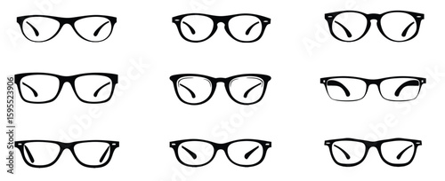 Glasses silhouette. fashion black plastic rims, Sun glasses hipster frame set, round geek design retro nerd glasses. Vector sun glasses set