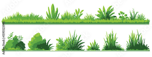 Vector grass landscape elements set, a flat green meadow field outline, and cartoon ground plant silhouettes isolated on a white background, vector illustration