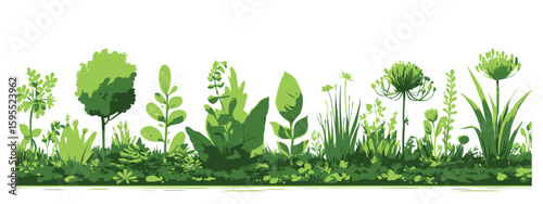 Vector grass landscape elements set, a flat green meadow field outline, and cartoon ground plant silhouettes isolated on a white background, vector illustration