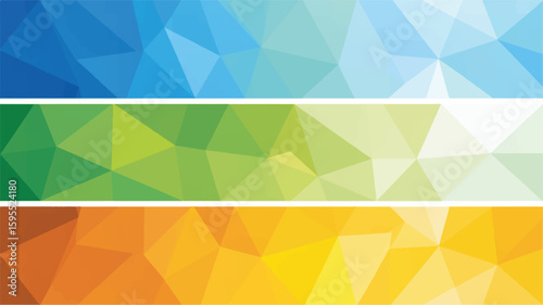 Three abstract geometric banners blue green orange