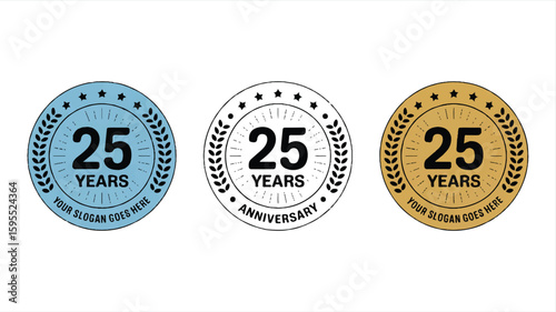 Three circular 25 year anniversary badges with laurel wreaths