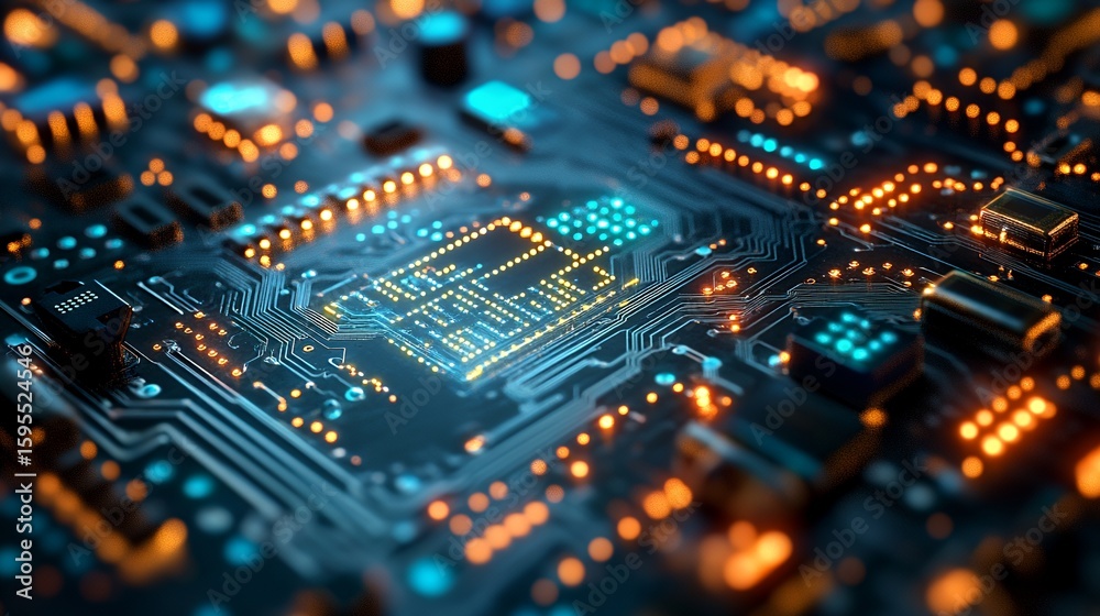 Illuminated CPU glowing on circuit board, tech background, digital future Illuminated CPU glowing on circuit board, tech background, digital future