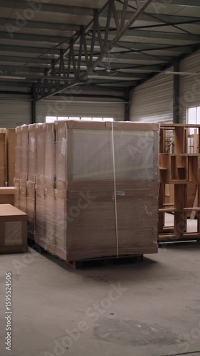 Large wooden crates and cardboard boxes securely wrapped in plastic film for transportation or storage inside a spacious warehouse. 