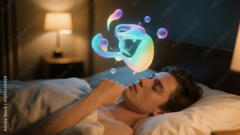 Persona durmiendo mientras su cerebro muestra sus sueños en AR