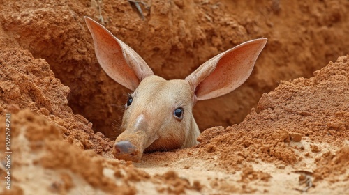 A young aardvark peeking out of a sand burrow