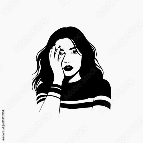 Pensive Woman in Striped Top CloseUp Silhouette.