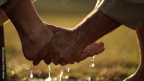 Person washing another's feet, symbolizing service or ritual act.