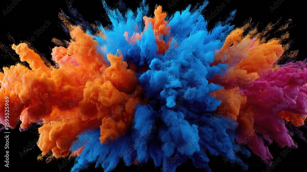 Naklejka premium Vibrant explosion of colorful powder clouds against a black background.