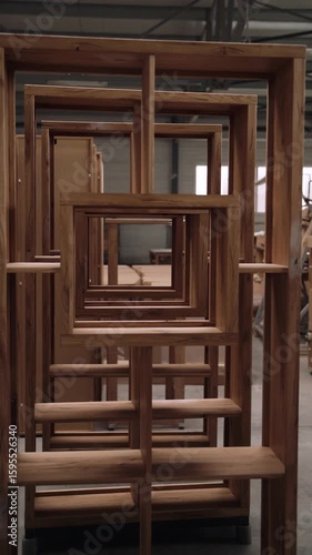 Symmetrical wooden shelving frames stacked in a precise geometric arrangement inside a woodworking facility. 
