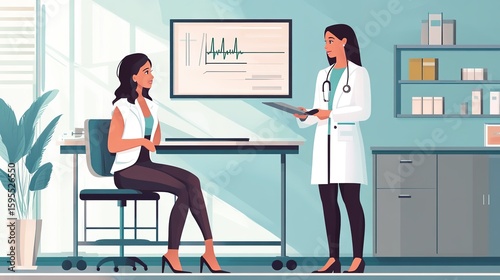 A female doctor discusses a patient's health results in a modern medical office with a heart monitor displayed on the screen.