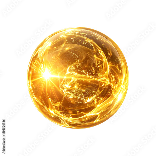 Golden shimmering energy sphere with light burst and abstract lines on transparent background